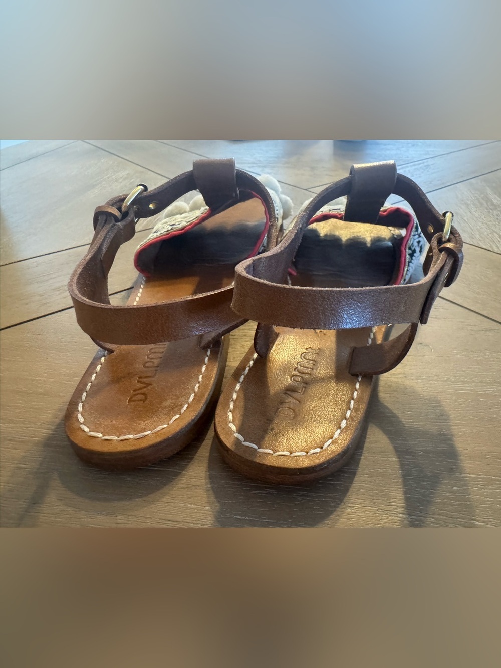 Anthropologie DVLPMNT Brown Genuine Leather Pom-Pom & Embroidered Sandals - Picture 8 of 14